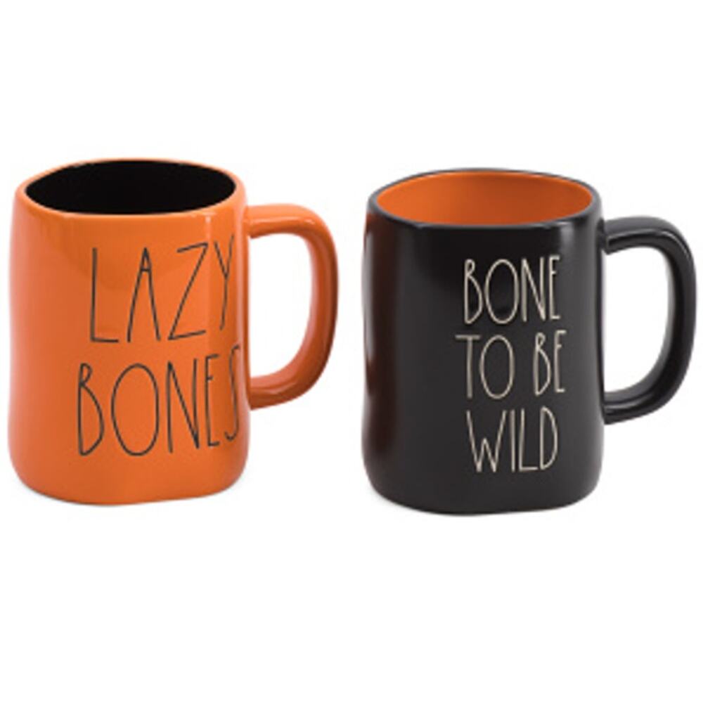 Rae Dunn Halloween Mug Set LAZY BONES BONE TO BE WILD Orange Black NEW